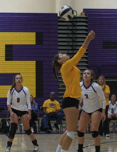 Leah Rodrigues (striking the ball), Chelaine Cates and Kele Wheelman in action against the Pioneers.